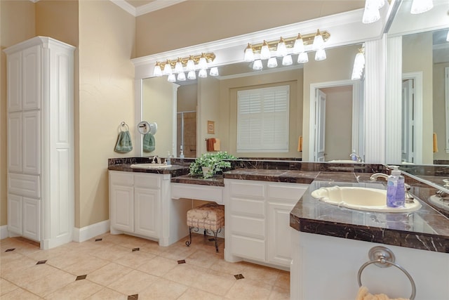 1420 Kensington Ct, Southlake, TX 76092 - bathroom featuring double vanity, ornamental molding, tile patterned floors, and a shower