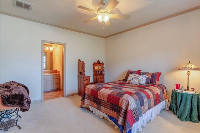 1420 Kensington Ct, Southlake, TX 76092 - bedroom with light colored carpet, crown molding, ensuite bath, ceiling fan, and baseboards