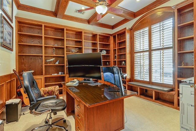 1420 Kensington Ct, Southlake, TX 76092 - office area featuring light colored carpet, ceiling fan, coffered ceiling, beamed ceiling, and healthy amount of natural light