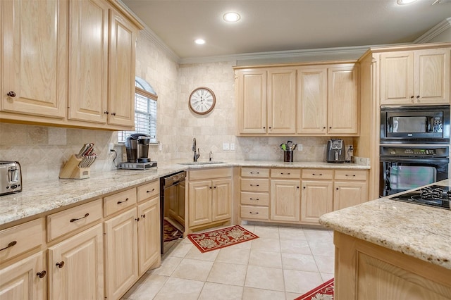 1717 Woodridge Ct, Aledo, TX 76008 - kitchen with light brown cabinets, black appliances, a sink, crown molding, and light tile patterned floors