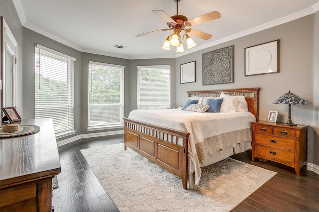 1717 Woodridge Ct, Aledo, TX 76008 - bedroom with crown molding, dark wood-style flooring, baseboards, and a ceiling fan