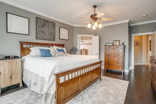 1717 Woodridge Ct, Aledo, TX 76008 - bedroom featuring ornamental molding, wood finished floors, baseboards, a ceiling fan, and connected bathroom