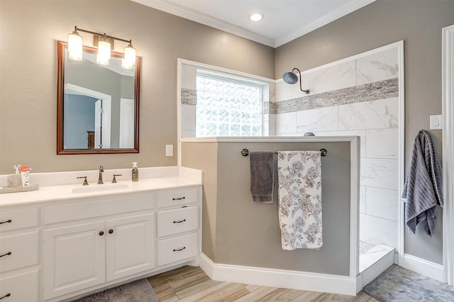 1717 Woodridge Ct, Aledo, TX 76008 - bathroom with vanity, walk in shower, ornamental molding, and wood finished floors