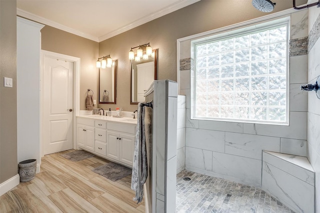 1717 Woodridge Ct, Aledo, TX 76008 - full bath featuring double vanity, tiled shower, plenty of natural light, and crown molding