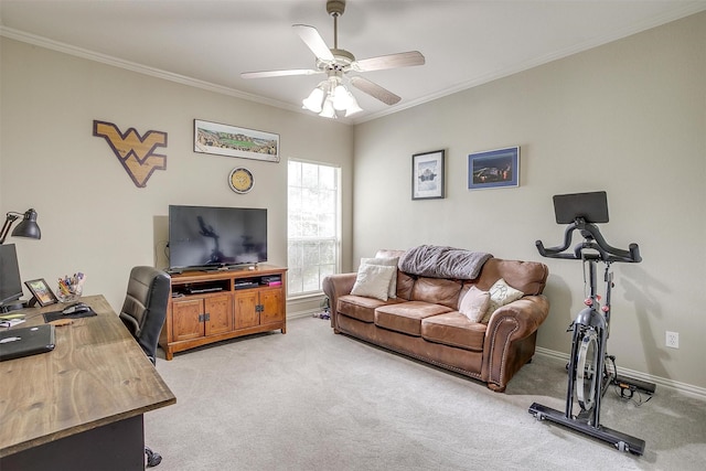 1717 Woodridge Ct, Aledo, TX 76008 - office featuring light carpet, ornamental molding, a ceiling fan, and baseboards