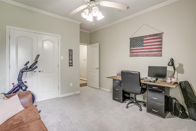 1717 Woodridge Ct, Aledo, TX 76008 - carpeted home office with crown molding, a ceiling fan, and baseboards