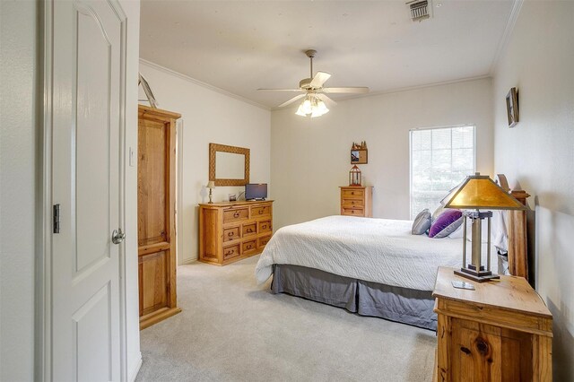 1717 Woodridge Ct, Aledo, TX 76008 - bedroom with light carpet, ornamental molding, and a ceiling fan