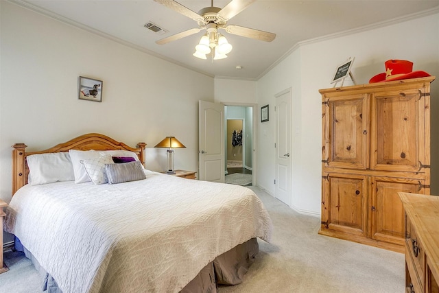 1717 Woodridge Ct, Aledo, TX 76008 - bedroom featuring light colored carpet, crown molding, ceiling fan, and baseboards