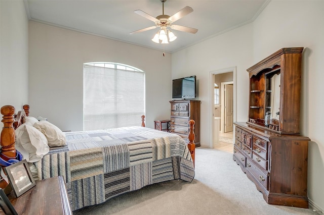 1717 Woodridge Ct, Aledo, TX 76008 - bedroom featuring crown molding, light colored carpet, a ceiling fan, and connected bathroom