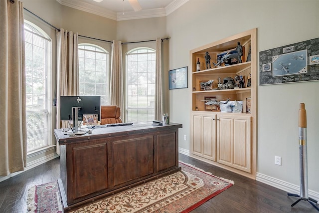 1717 Woodridge Ct, Aledo, TX 76008 - office area featuring ornamental molding, dark wood finished floors, baseboards, and ceiling fan
