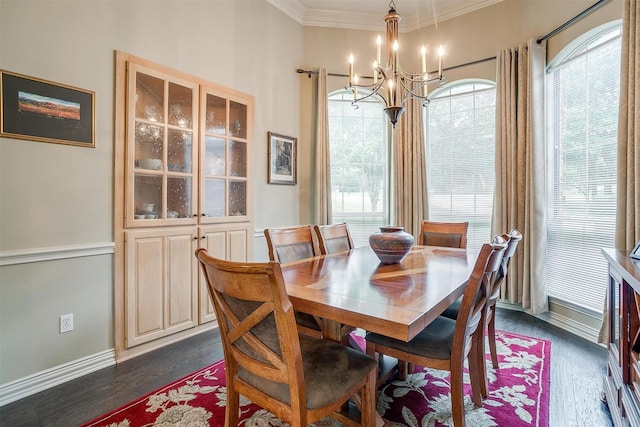 1717 Woodridge Ct, Aledo, TX 76008 - dining space with a chandelier, crown molding, dark wood-style flooring, and baseboards