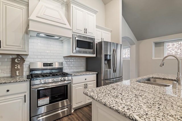 1108 Summer Ln, Mckinney, TX 75071 - kitchen featuring stainless steel appliances, custom range hood, a sink, lofted ceiling, and healthy amount of natural light