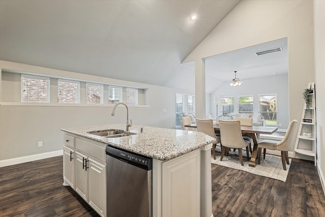 1108 Summer Ln, Mckinney, TX 75071 - kitchen featuring stainless steel dishwasher, a sink, lofted ceiling, dark wood-style flooring, and a ceiling fan