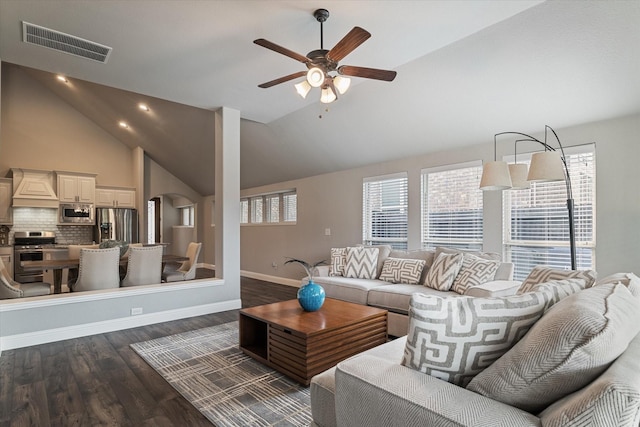 1108 Summer Ln, Mckinney, TX 75071 - living area featuring lofted ceiling, ceiling fan, dark wood finished floors, and baseboards