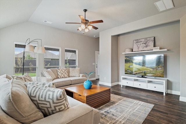 1108 Summer Ln, Mckinney, TX 75071 - living area with a ceiling fan, baseboards, wood finished floors, and lofted ceiling