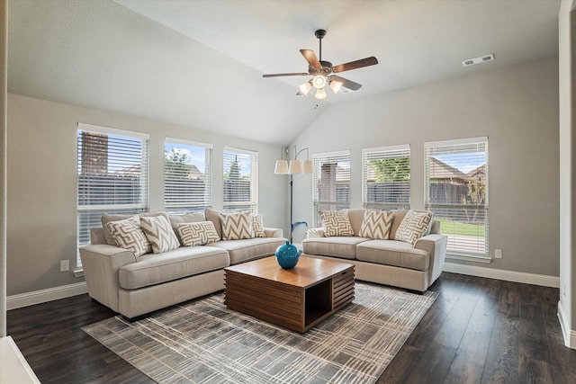 1108 Summer Ln, Mckinney, TX 75071 - living area featuring baseboards, lofted ceiling, a ceiling fan, and dark wood finished floors