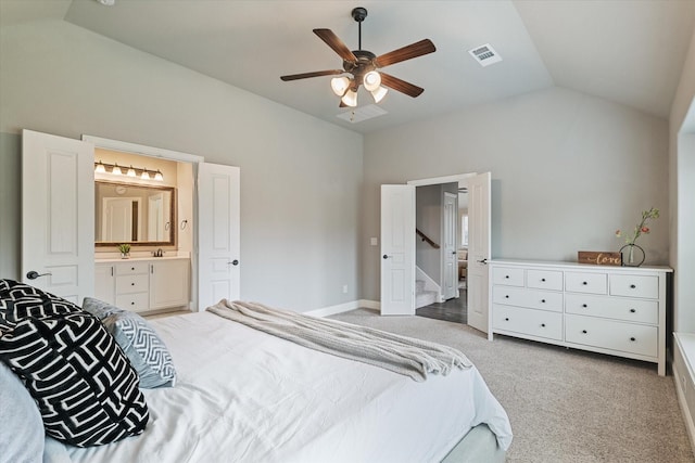 1108 Summer Ln, Mckinney, TX 75071 - bedroom with vaulted ceiling, carpet, ensuite bathroom, ceiling fan, and baseboards