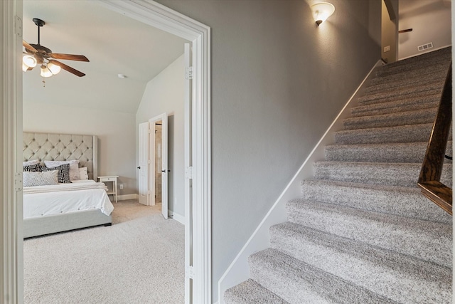 1108 Summer Ln, Mckinney, TX 75071 - stairs with ceiling fan, lofted ceiling, carpet, and baseboards