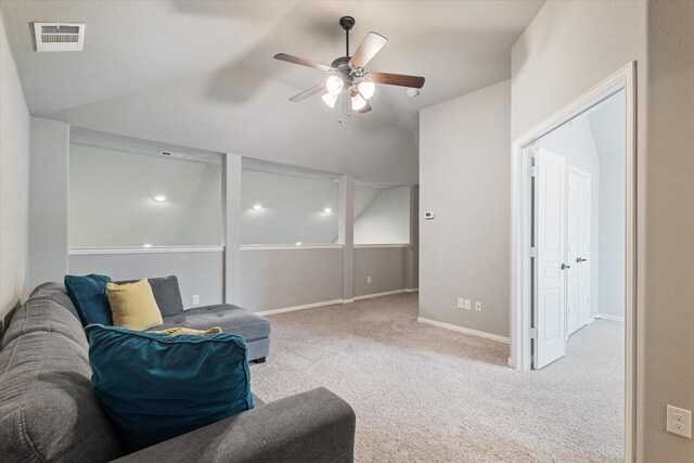 1108 Summer Ln, Mckinney, TX 75071 - living area with carpet flooring, vaulted ceiling, a ceiling fan, and baseboards