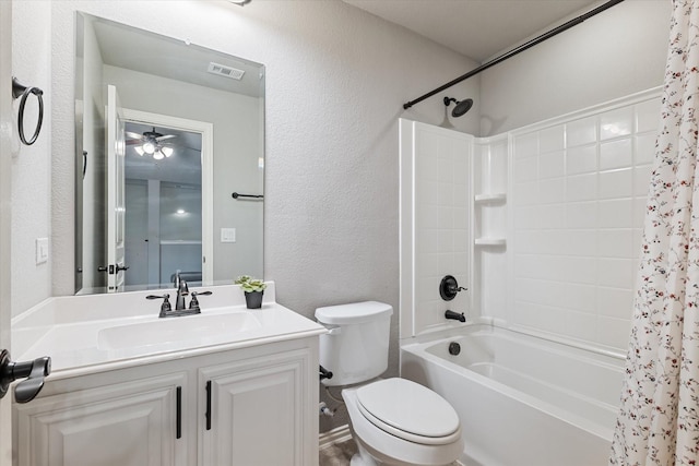 1108 Summer Ln, Mckinney, TX 75071 - bathroom with a textured wall, shower / bath combination with curtain, toilet, vanity, and ceiling fan