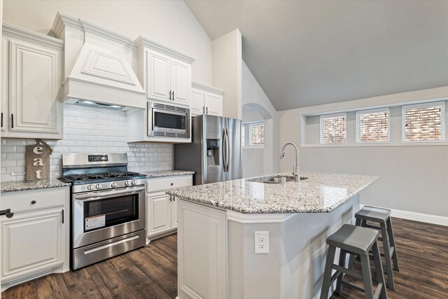 1108 Summer Ln, Mckinney, TX 75071 - kitchen featuring stainless steel appliances, a sink, lofted ceiling, backsplash, and dark wood-type flooring