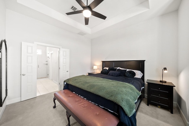1844 Stevens Bluff Ln, Dallas, TX 75208 - bedroom featuring light colored carpet, baseboards, a raised ceiling, and ceiling fan