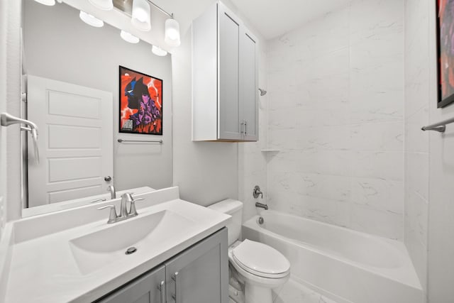 1844 Stevens Bluff Ln, Dallas, TX 75208 - full bathroom featuring vanity, toilet, shower / bathtub combination, and marble look tiles