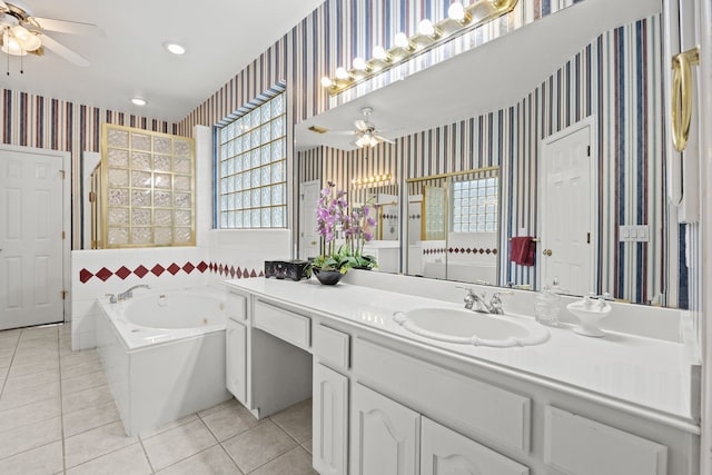205 Lovegrass Ln, Southlake, TX 76092 - bathroom with wallpapered walls, ceiling fan, a bath, tile patterned floors, and vanity