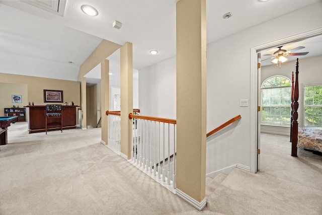 205 Lovegrass Ln, Southlake, TX 76092 - hallway with light carpet, an upstairs landing, and lofted ceiling