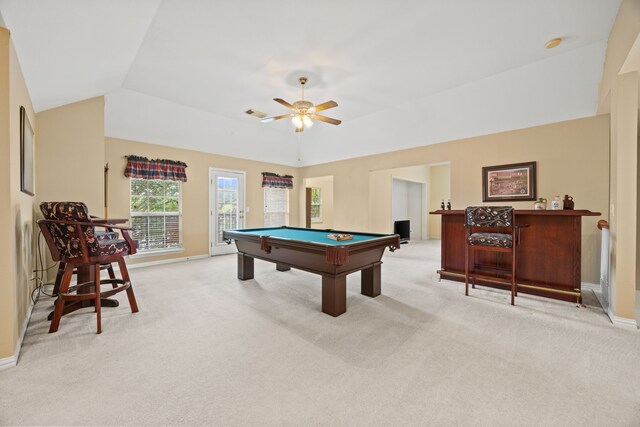 205 Lovegrass Ln, Southlake, TX 76092 - playroom with light carpet, pool table, a ceiling fan, and lofted ceiling