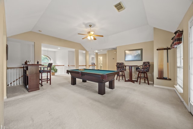 205 Lovegrass Ln, Southlake, TX 76092 - playroom featuring lofted ceiling, carpet flooring, billiards, and a ceiling fan