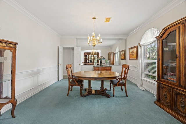 205 Lovegrass Ln, Southlake, TX 76092 - dining space with a chandelier, ornamental molding, dark carpet, a decorative wall, and a wainscoted wall