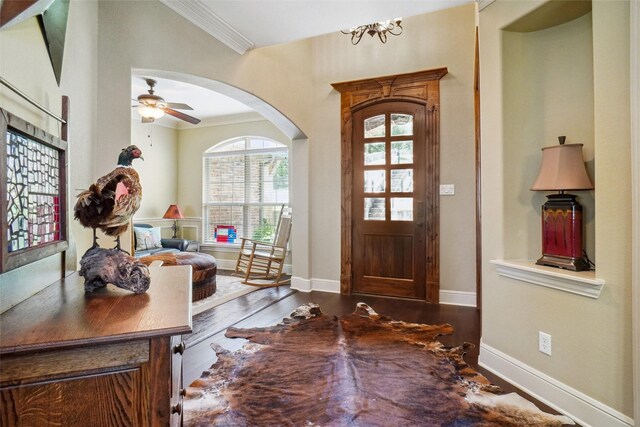 809 Cimmarron Bay Dr, Runaway Bay, TX 76426 - foyer entrance featuring dark wood finished floors, ornamental molding, arched walkways, baseboards, and ceiling fan