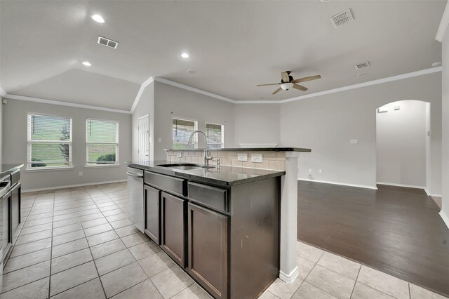 1209 Evers Dr, Mckinney, TX 75071 - kitchen featuring a sink, dishwasher, a ceiling fan, arched walkways, and plenty of natural light