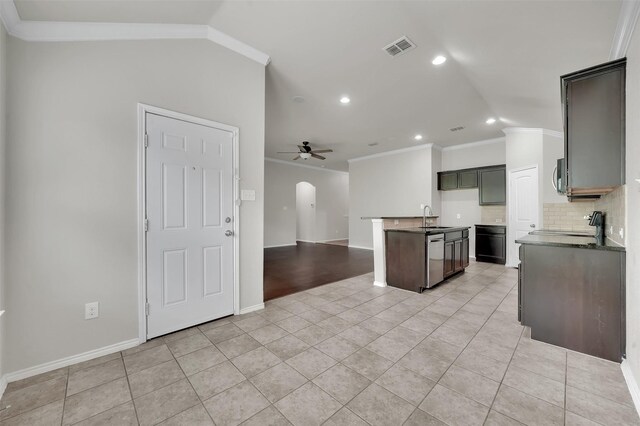 1209 Evers Dr, Mckinney, TX 75071 - kitchen featuring ornamental molding, a sink, light tile patterned floors, a ceiling fan, and recessed lighting