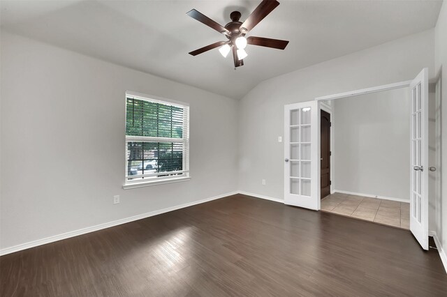 1209 Evers Dr, Mckinney, TX 75071 - unfurnished room featuring french doors, wood finished floors, a ceiling fan, lofted ceiling, and baseboards