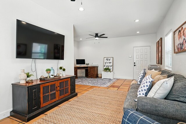 99 Glen Abbey St, Abilene, TX 79606 - living area featuring ceiling fan, recessed lighting, light tile patterned flooring, and an office area