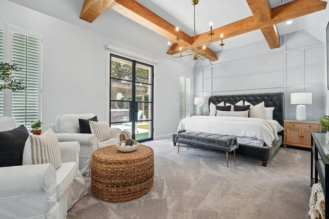 99 Glen Abbey St, Abilene, TX 79606 - bedroom featuring beamed ceiling, a chandelier, carpet, and access to exterior