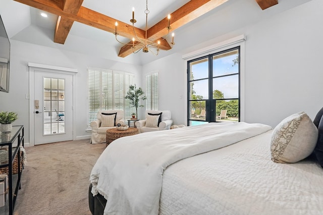 99 Glen Abbey St, Abilene, TX 79606 - carpeted bedroom featuring a chandelier, access to exterior, beamed ceiling, baseboards, and recessed lighting