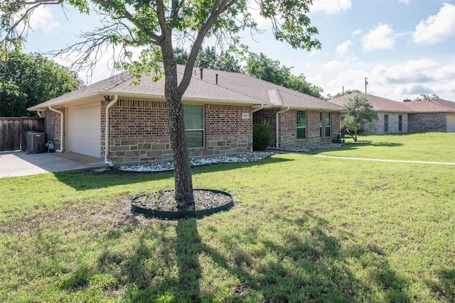 3506 Bryan St, Sachse, TX 75048 - ranch-style home featuring an attached garage, driveway, brick siding, central AC, and a shingled roof