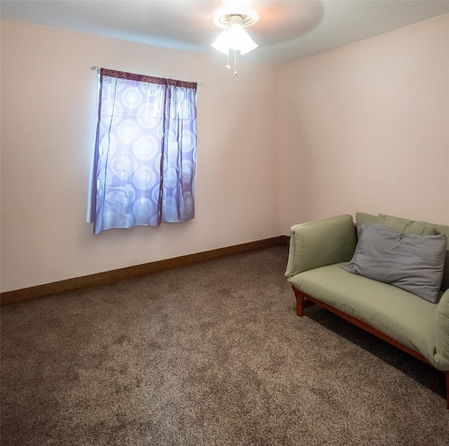 3506 Bryan St, Sachse, TX 75048 - living area featuring carpet floors, a ceiling fan, and baseboards