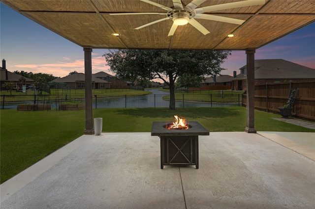 990 Lancashire Ln, Prosper, TX 75078 - view of patio featuring an outdoor fire pit, a water view, and a ceiling fan