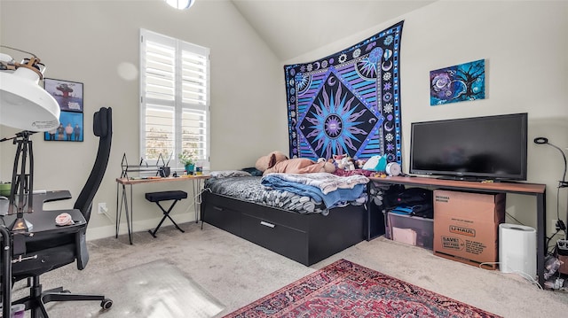8162 Edgefield Ct, Frisco, TX 75035 - bedroom with carpet flooring, lofted ceiling, and an office area