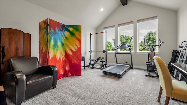 8162 Edgefield Ct, Frisco, TX 75035 - exercise area featuring lofted ceiling, carpet, recessed lighting, and a ceiling fan