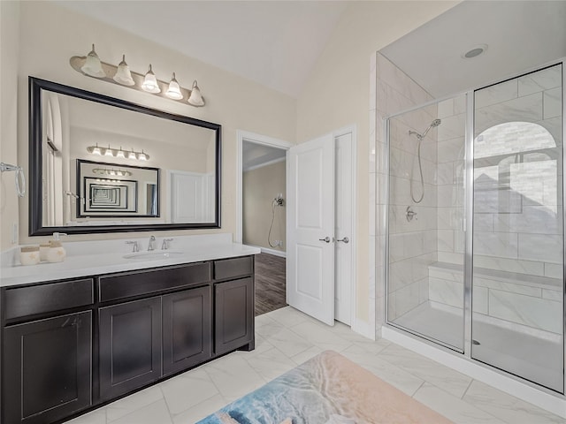 1019 Devonshire Dr, Allen, TX 75013 - bathroom featuring a shower stall, vanity, marble finish flooring, and lofted ceiling