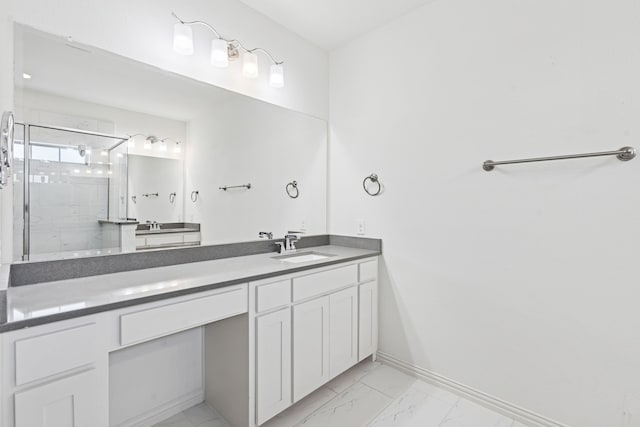4682 Rhett Ln Unit A, Carrollton, TX 75010 - bathroom with marble finish flooring, double vanity, a stall shower, and baseboards