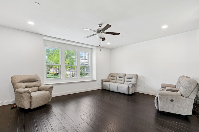 4682 Rhett Ln Unit A, Carrollton, TX 75010 - living area featuring a ceiling fan, baseboards, dark wood-type flooring, and recessed lighting