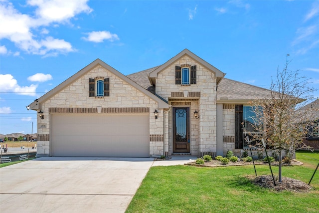 1336 Fox Glen Trl, Crowley, TX 76036 - french provincial home featuring stone siding, roof with shingles, an attached garage, and a front lawn