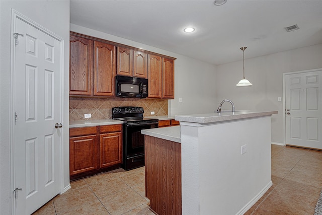 2409 Ravenwood Ct, Mansfield, TX 76063 - kitchen with black appliances, light tile patterned floors, decorative backsplash, light countertops, and recessed lighting
