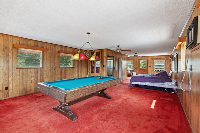 891 Lazy Acres Cir, Pottsboro, TX 75076 - rec room with a textured ceiling, wooden walls, pool table, carpet, and ceiling fan